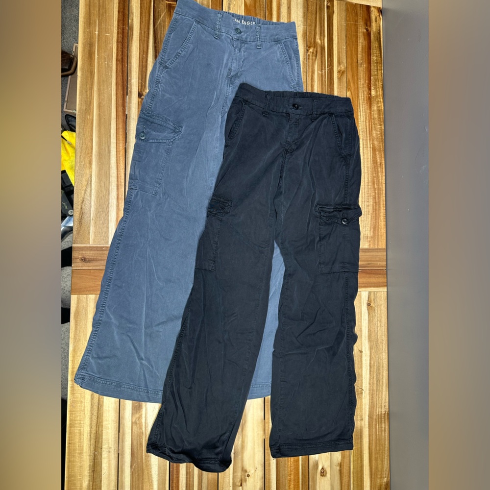 American Eagle Pants Women 000 Black Cargo High Rise Baggy Wide Leg Stretch Flex